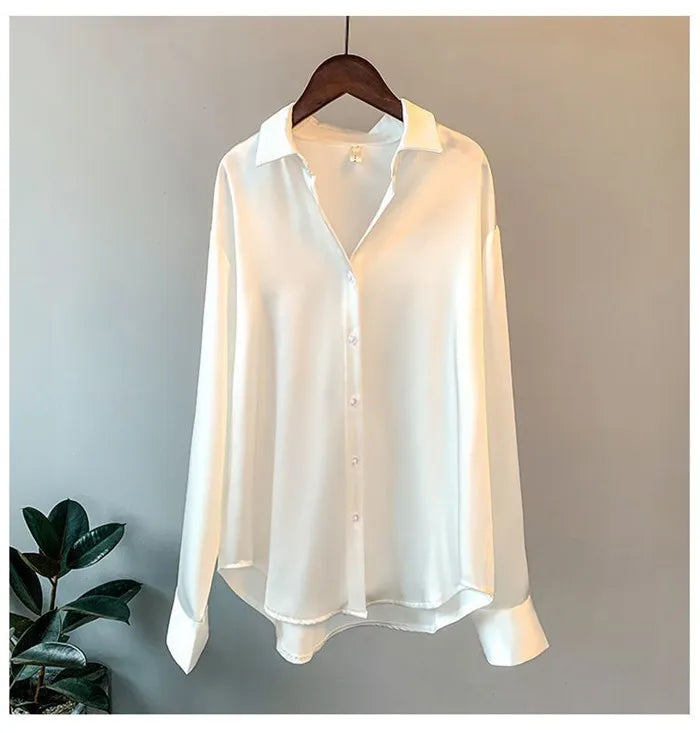 Women’s Turn-Down Collar Satin Blouse Top
