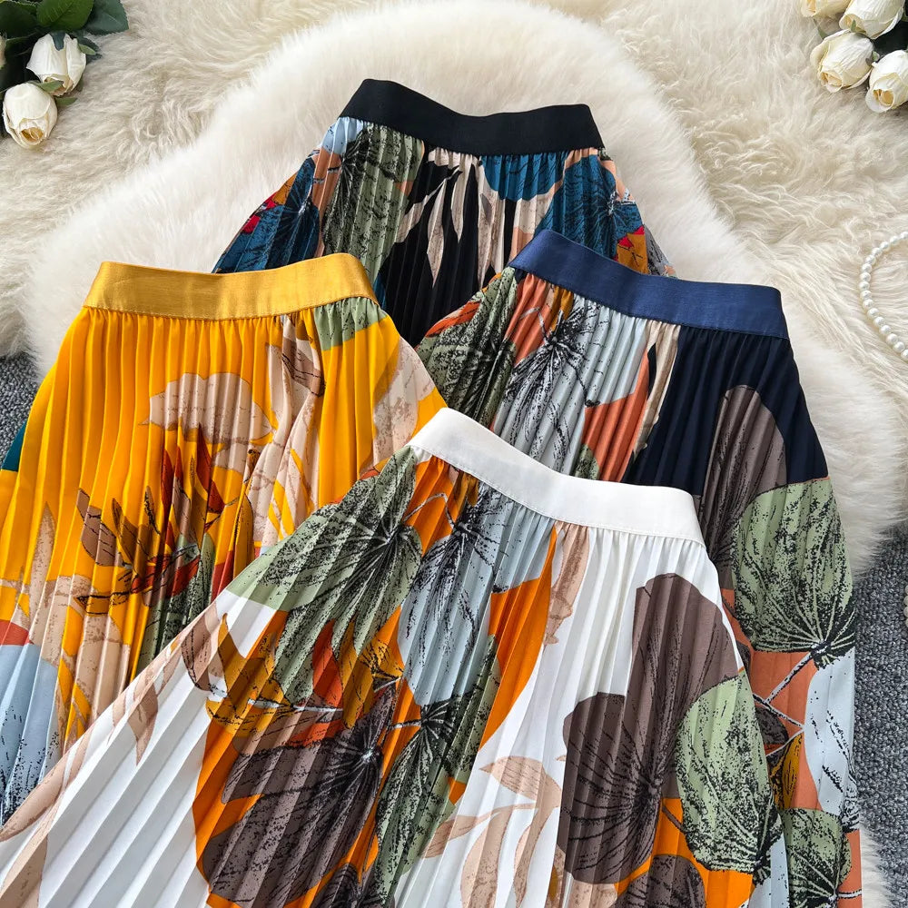 2026 New Summer Women Temperament Vintage All-match Skirt High Waist Printing Medium Length A-line Pleated Big Skirt Skirt