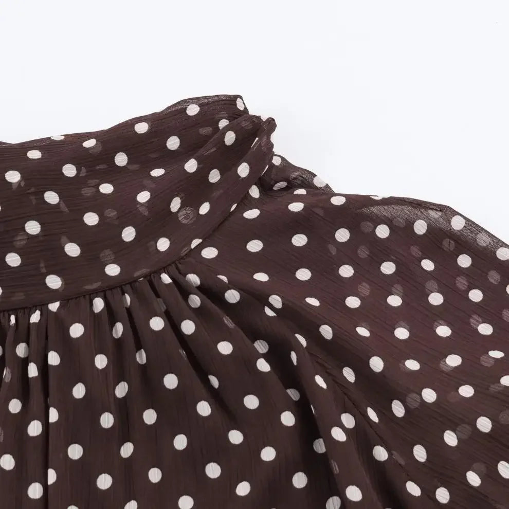 Polka Dot Lace Up Bow Shirt Women Casual Long Lantern Retro Sleeve Pleated Loose Blouse Lady 2026 Spring Commute Office Outwears