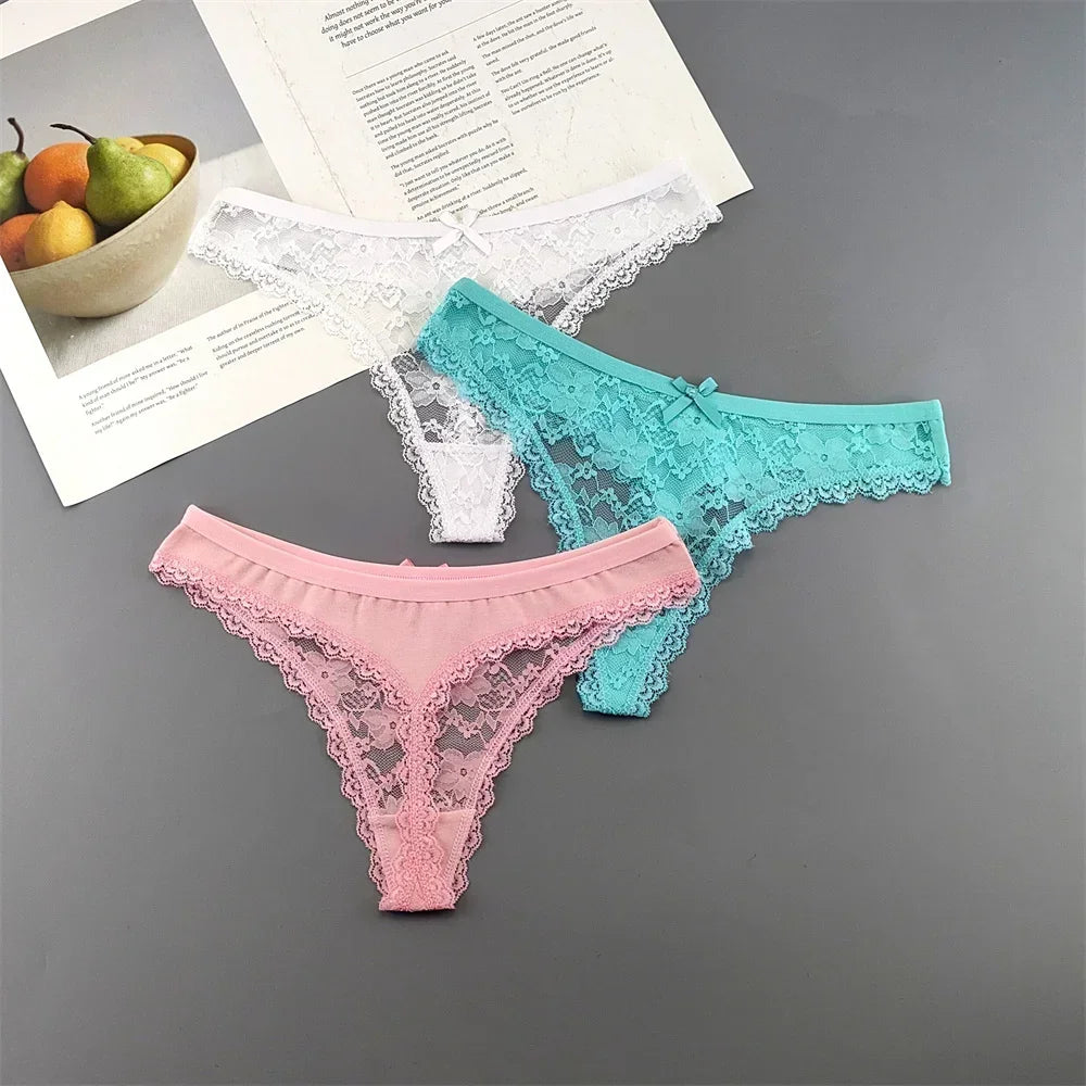 S M L XL XXL Plus Size Sexy Cozy Lace Cotton Thongs Underwear Lingerie for Women Seamless T-back Ladies Transparent G-string 3PC