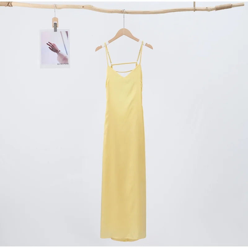 Summer Satin Deep V Neck Maxi Dresses Sleeveless Backless Lace Up Slim Fit Long Robes 2025 Lady New Holiday Fashion Clothing