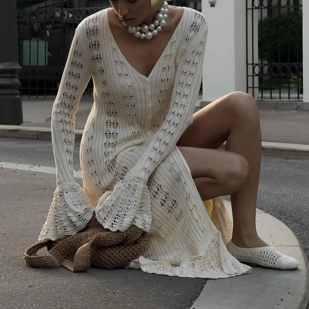 Combhasaki Women Y2K Chic Flare Long Sleeve Aesthetic Button-down V-Neck Ruffle Hem Hollow Out Knitted Long Dress Boho Beachwear