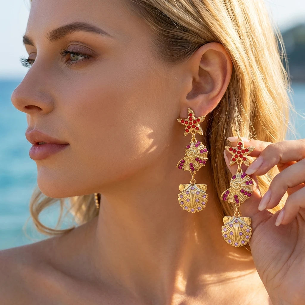 Bohemia Gold Color Metal Starfish Long Tassel Drop Earrings For Women Crystal Zircon Conch Shell Scallops Earring Beach Jewelry