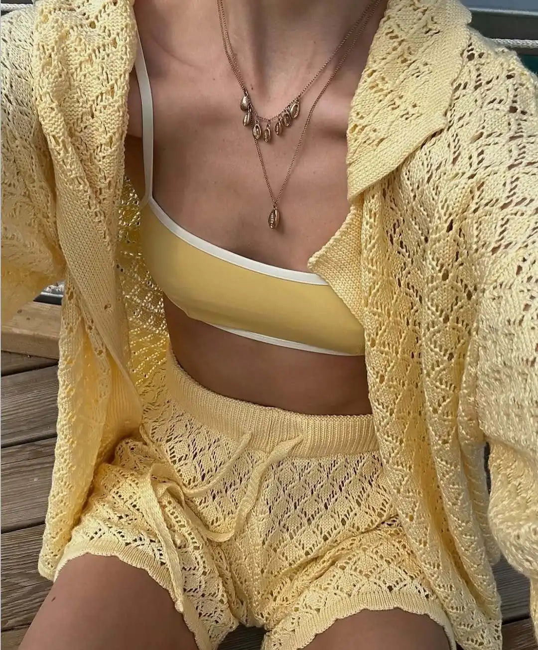 Tuularose Summer Knit Shorts Set New Knit Cardigan Top Casual Shorts Set Beach Vacation Bikini Cover Up Women Shorts Set Outfits