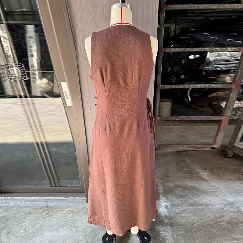 Elegant Hallow Out Long Dress Women Lantern Sleeve Deep V-neck Single Breasted Loose Dresses 2025 Fashion Solid Office Robe Lady