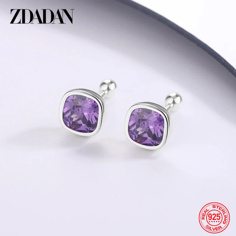 ZDADAN 925 Sterling Silver 8mm Square Amethyst Earring For Women Wedding Jewelry