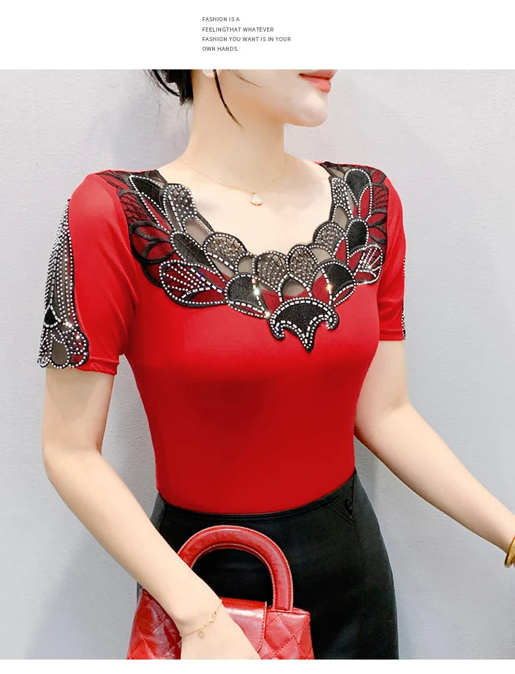 Fashion O-Collar Rhinestone Lace Patchwork Female Top Chic High Elasticity Soft Mesh Short Sleeve Temperament Women's T-Shirt