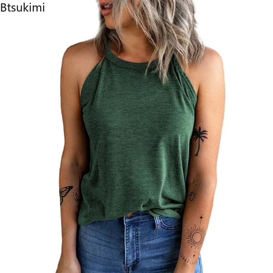 2026 Women's Summer Clothing Top Halter-neck Vest Shirts Women Wear Solid Color Slim-fit Sleeveless Round Neck Blouse For Women