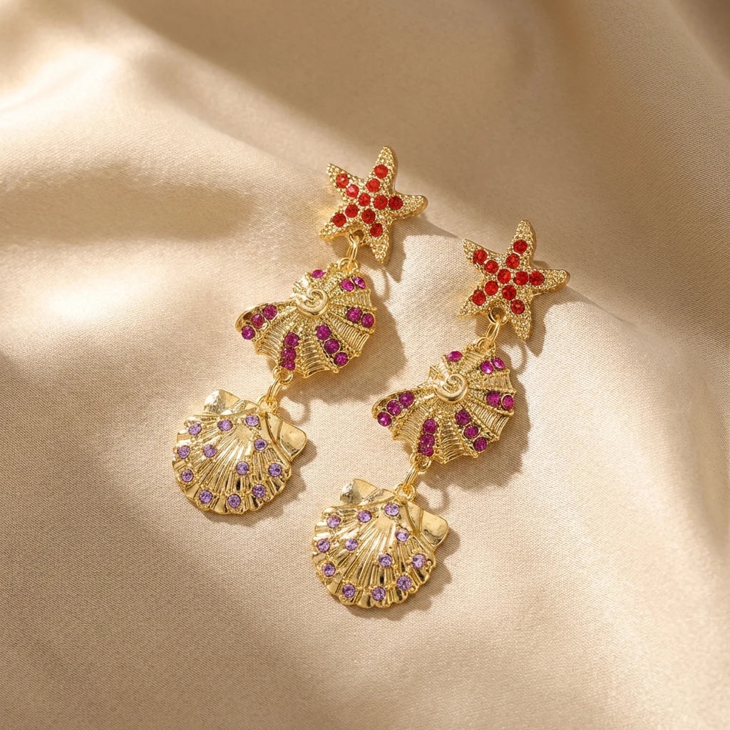 Bohemia Gold Color Metal Starfish Long Tassel Drop Earrings For Women Crystal Zircon Conch Shell Scallops Earring Beach Jewelry