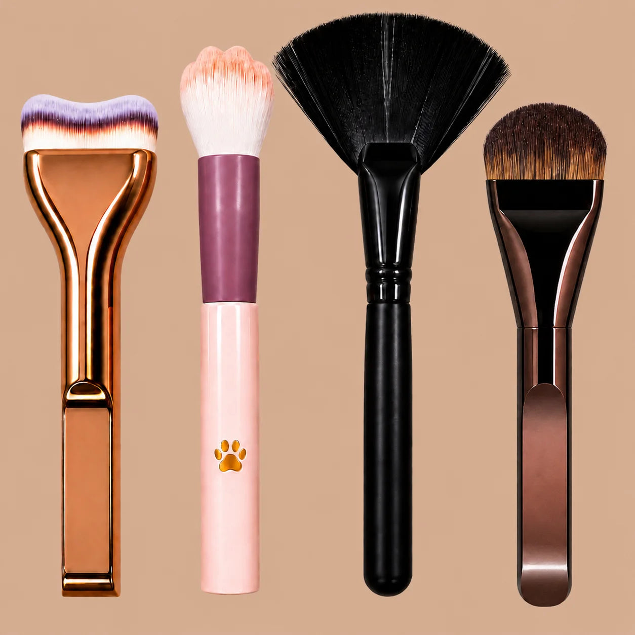 4-Piece Bestselling Makeup Brush Set: Professional Liquid Foundation Brush, Cat Paw Blush Brush, Oversized Fan Brush & Ultra-Thi