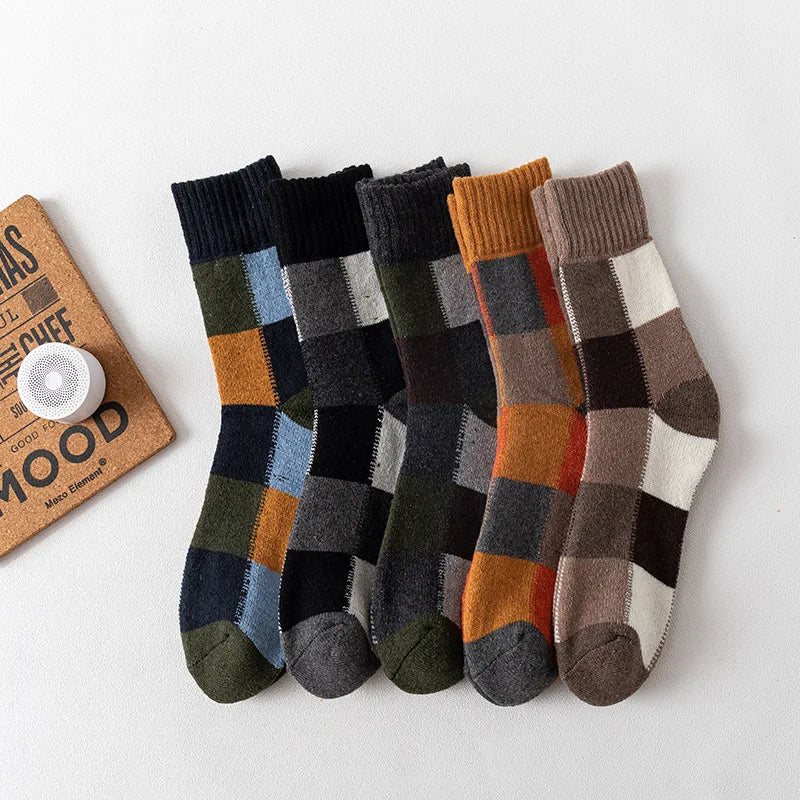 5 Pairs Autumn and Winter New Product Checkered Looped Thick Warm Men's Socks Checkered Niche Trend Personalized Mid Tube Socks