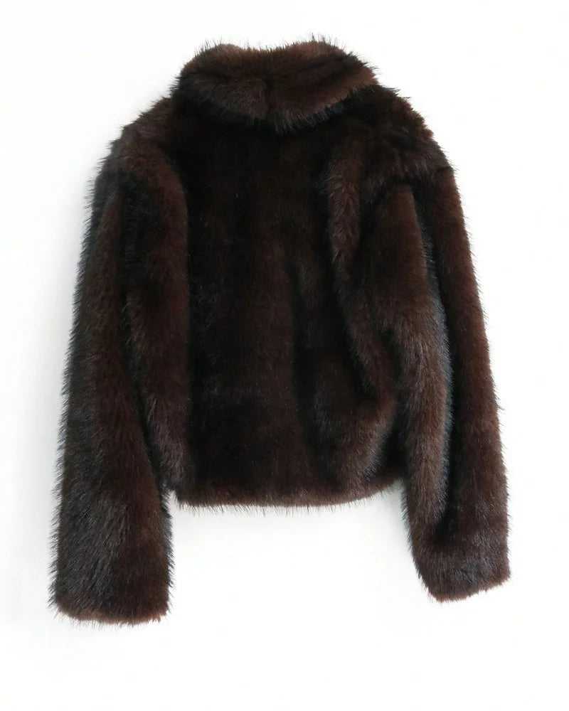 Faux Fox Fur Coats Women Short Jackets Solid Turn Down Collar Long Sleeve Open Stitch Loose Thick Office Lady Casual 2025 Winter