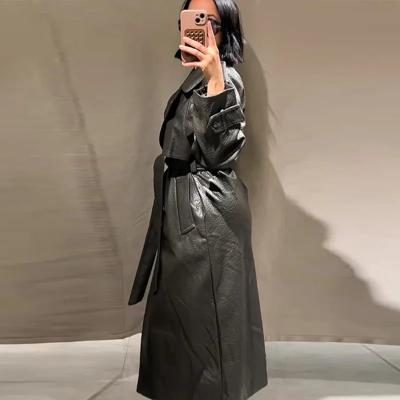 Street Pu Leather Women Long Coat Fashion Long Sleeve Button Belt Lapel Pocket Female Outwear 2025 Autumn Winter Lady Jacket New
