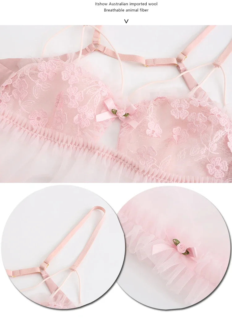 Pink Kawaii Lingerie dress Lolita Nightwear Sexy Lace Tulle Sweet Pink Sling Night Private Room Underwear Women Night Gowns 2024