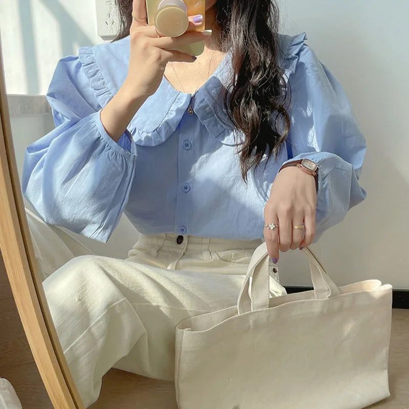 Solid Simple Blouse for Women Korean Chic Trendy Single-Breasted Ruffles Shirt Casual Sweet Big Turndown Collar Student Shirts