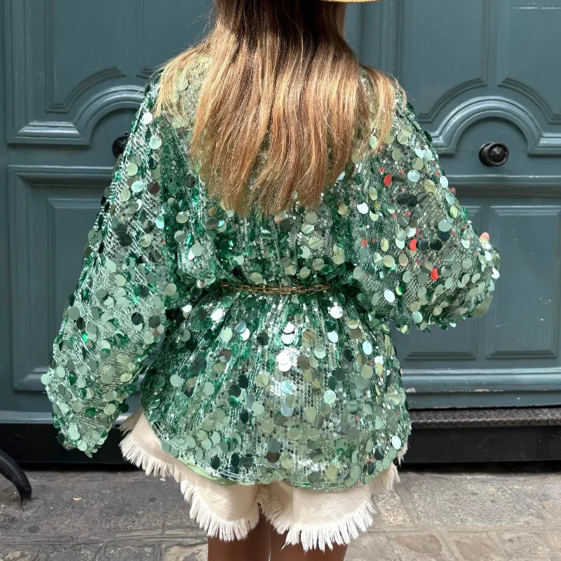 Fashion Sequins Short Jackets Women Gliter Lapel Long Sleeve Zipper Street Jacket Female 2026 Spring Lady Streetwear New