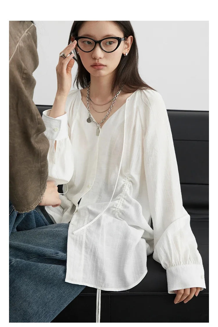 CHIC VEN Women Shirts Korean Loose Soild V-neck Long Sleeved Blouses Fashion Design Soft Lace Up Ladies Tops Summer New 2024