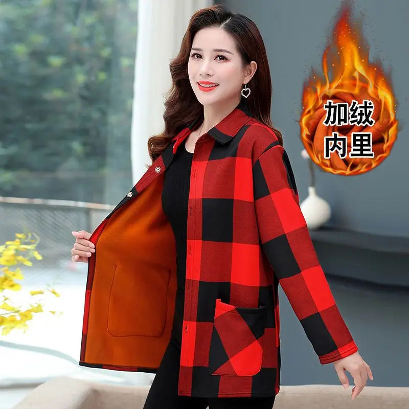 Women's Autumn Winter Long Sleeve Plaid Plus Velvet Shirt Fashion Thick Versatile Elegant Tops Patchwork Pockets Female Clothes
