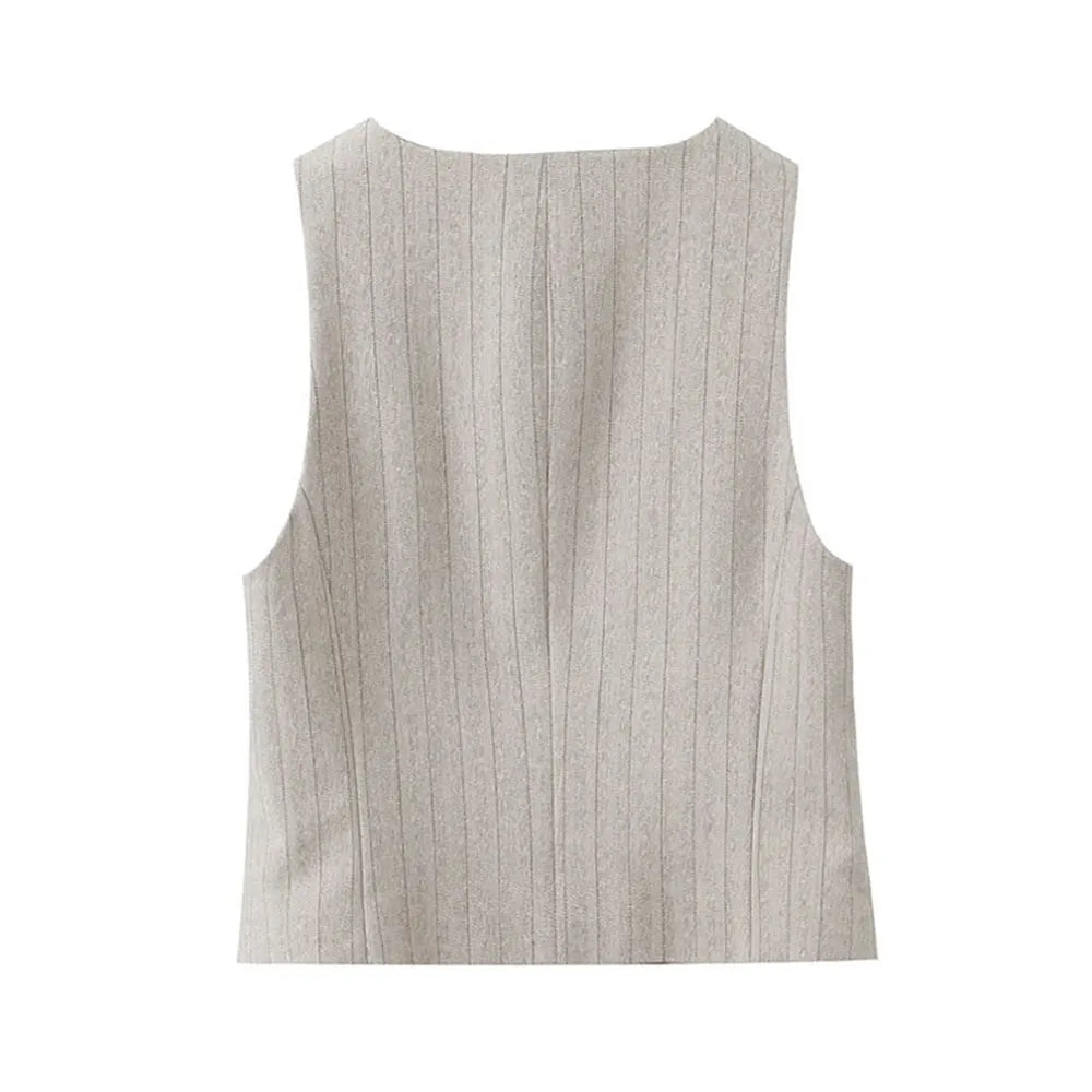 Women Fashion Striped Cropped Waistcoat Top And High Waist Front Dart Wide Leg Pants Female Two Piece Sets Mujer