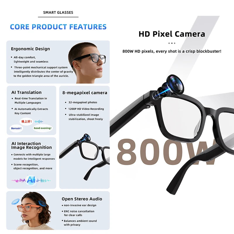 AI Smart Glasses 800W Camera Recording AI Photo Recognition BT Call Real Time Translation Voice Assistan Sunglasses Men Women