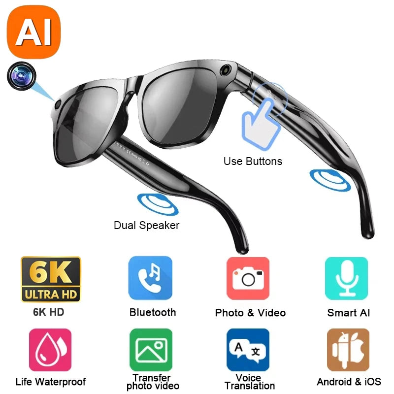 6K HD AI Camera Glasses 800MP Photochromic Multifunctional Smart Glasses Bluetooth Calling Photo Video ChatGPT Music Translation