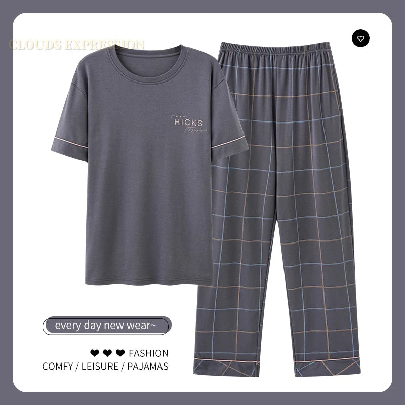 L-5XL Summer Elegant Men Pyjamas Knited Cotton Pajamas Set Long Pant Sleepwear Pyjamas Night Suits Pijamas Plus Size Homewear PJ