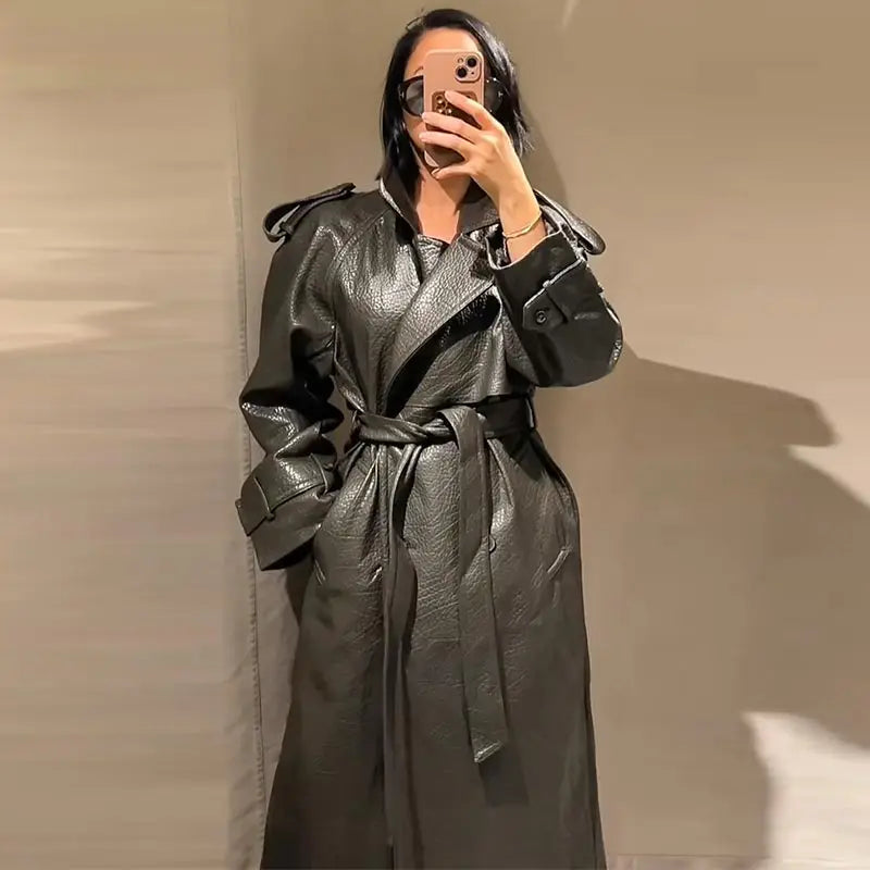 Street Pu Leather Women Long Coat Fashion Long Sleeve Button Belt Lapel Pocket Female Outwear 2025 Autumn Winter Lady Jacket New
