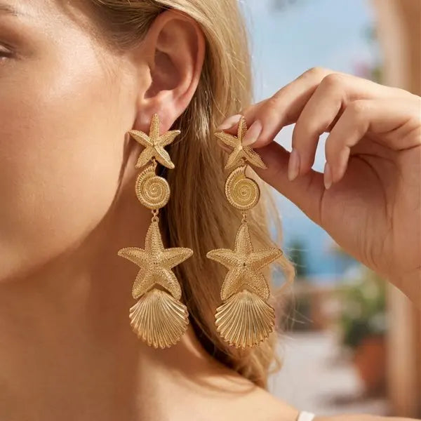 Bohemia Gold Color Metal Starfish Long Tassel Drop Earrings For Women Crystal Zircon Conch Shell Scallops Earring Beach Jewelry