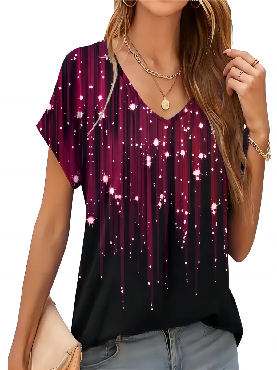 2026 New Summer Women T-shirt 3d Fashion Print Gradient Harajuku T Shirt Oversized Tee For Ladies Clothing New Short Sleeve V-Ne