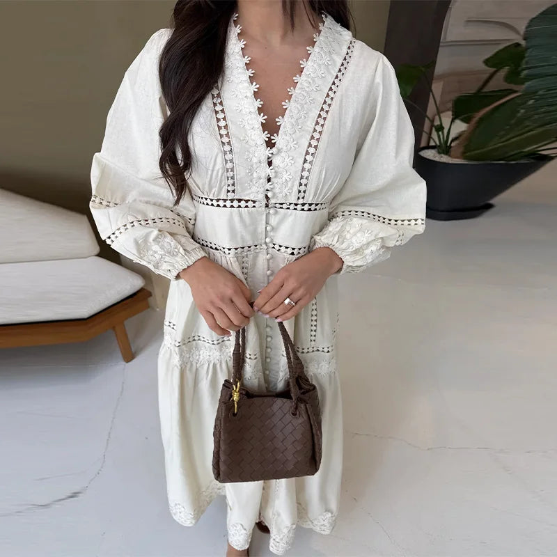 Elegant Hallow Out Long Dress Women Lantern Sleeve Deep V-neck Single Breasted Loose Dresses 2025 Fashion Solid Office Robe Lady