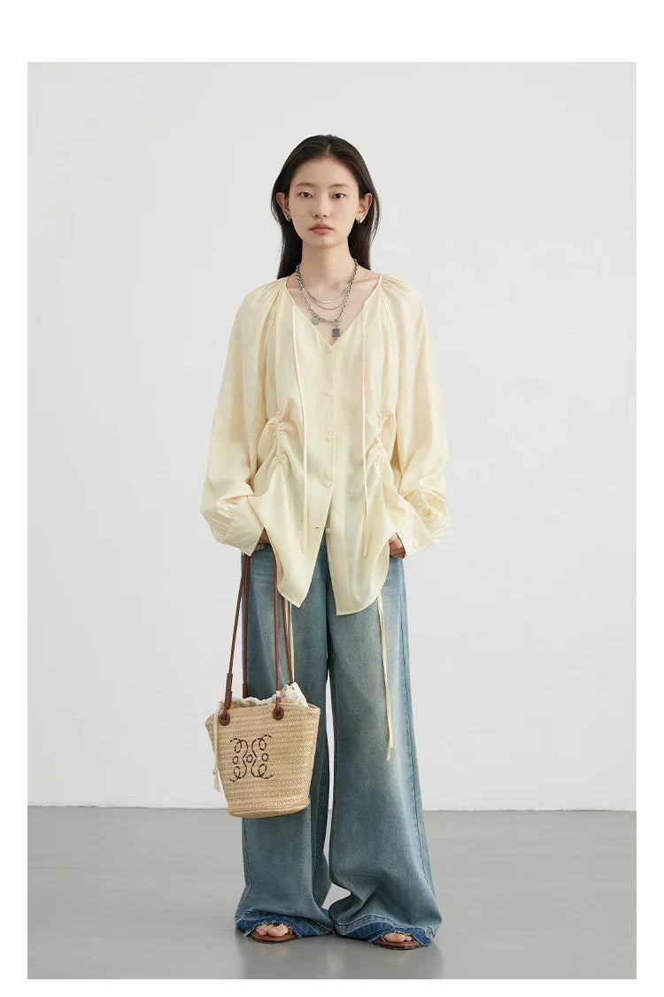 CHIC VEN Women Shirts Korean Loose Soild V-neck Long Sleeved Blouses Fashion Design Soft Lace Up Ladies Tops Summer New 2024