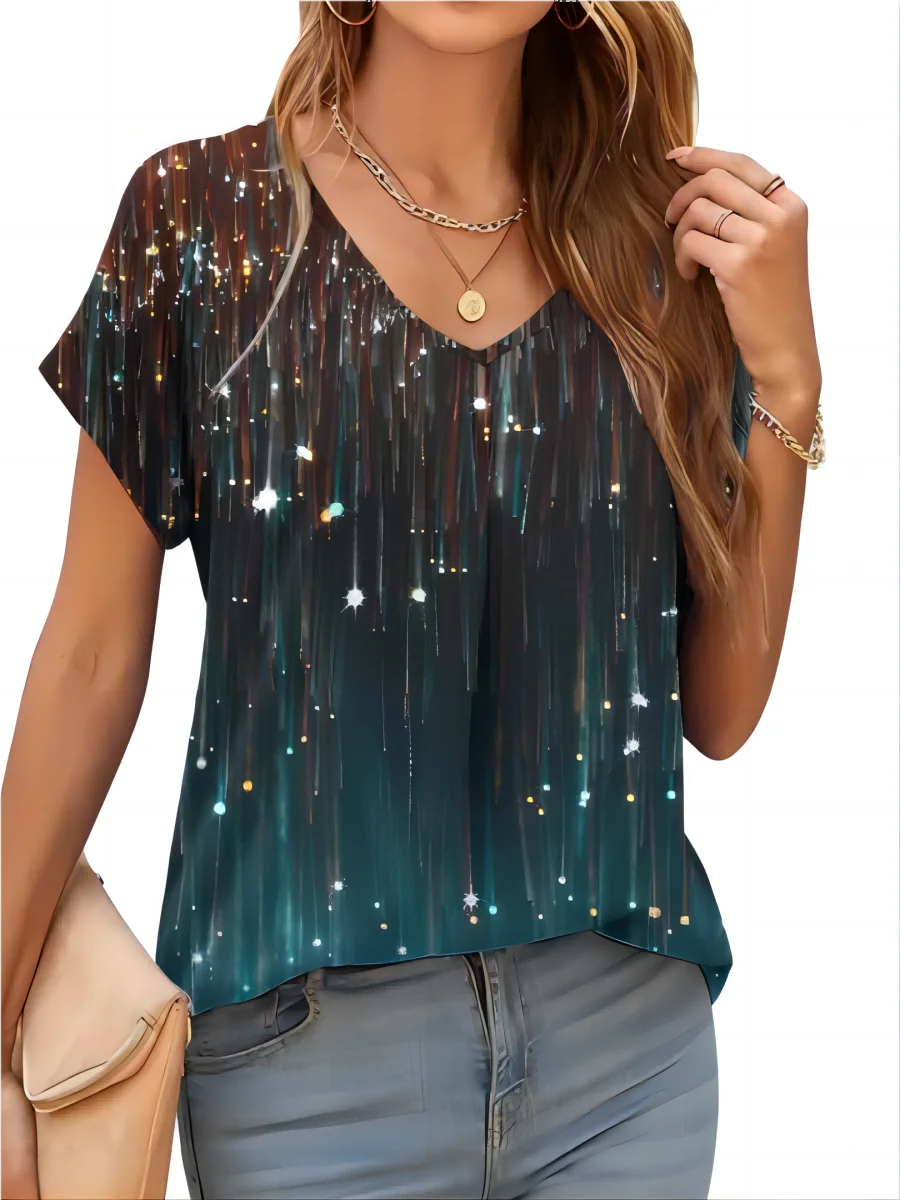 2026 New Summer Women T-shirt 3d Fashion Print Gradient Harajuku T Shirt Oversized Tee For Ladies Clothing New Short Sleeve V-Ne