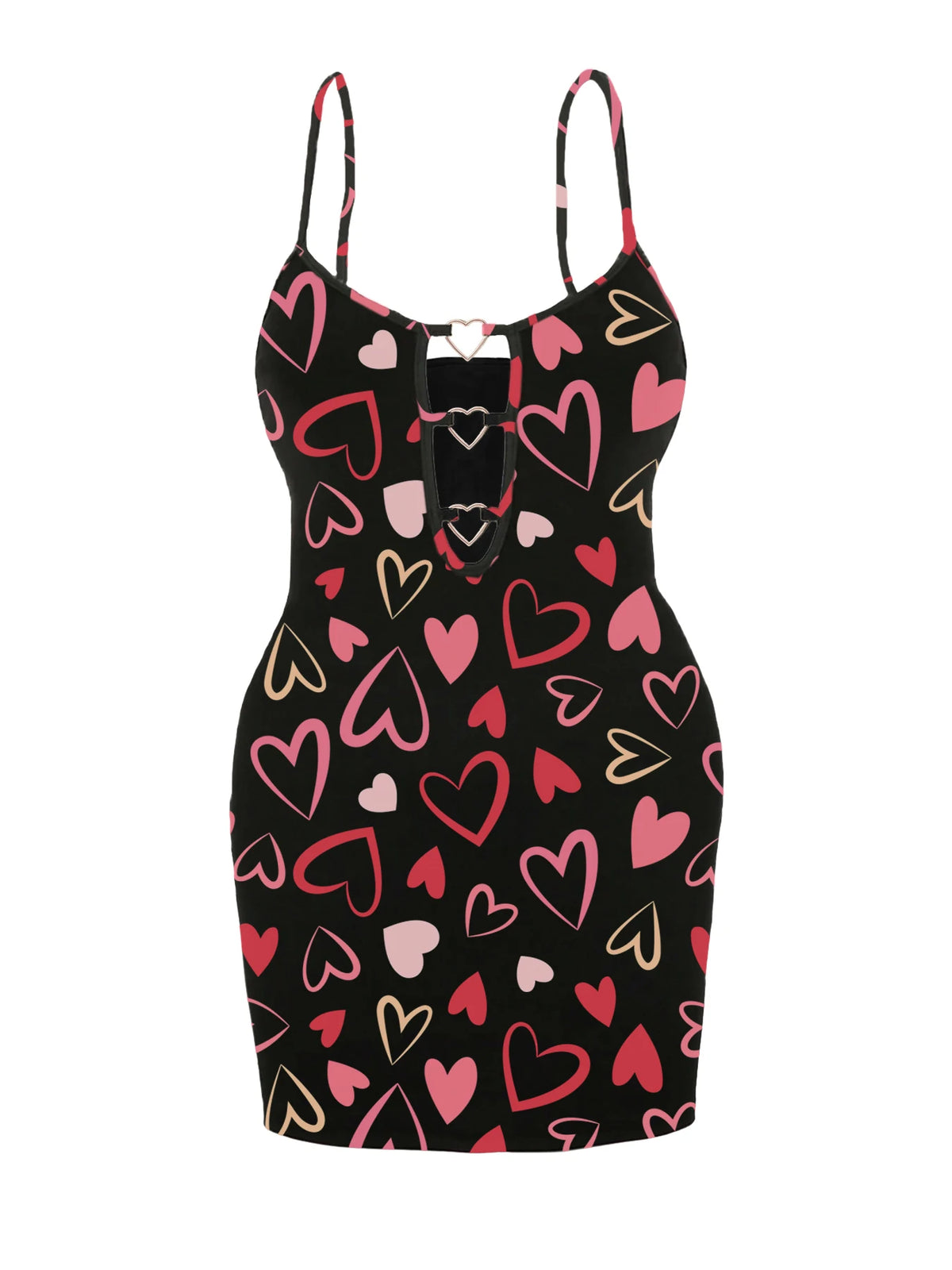 Plus Size Heart Metal Buckle Cutout Bodycon Mini Dress Spaghetti Strap Deep Hollow Front Slim Fitted Ribbed Short Dress Sexy Clu