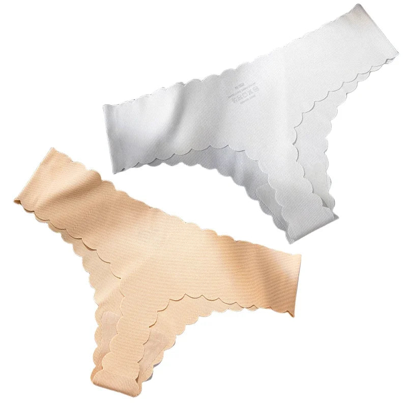 2PCS Seamless Thin-stripe Panties Ladies Low Rise T-back G-string Nude Half-covered Hip Lingerie Solid Cotton Ruffles Sexy Thong