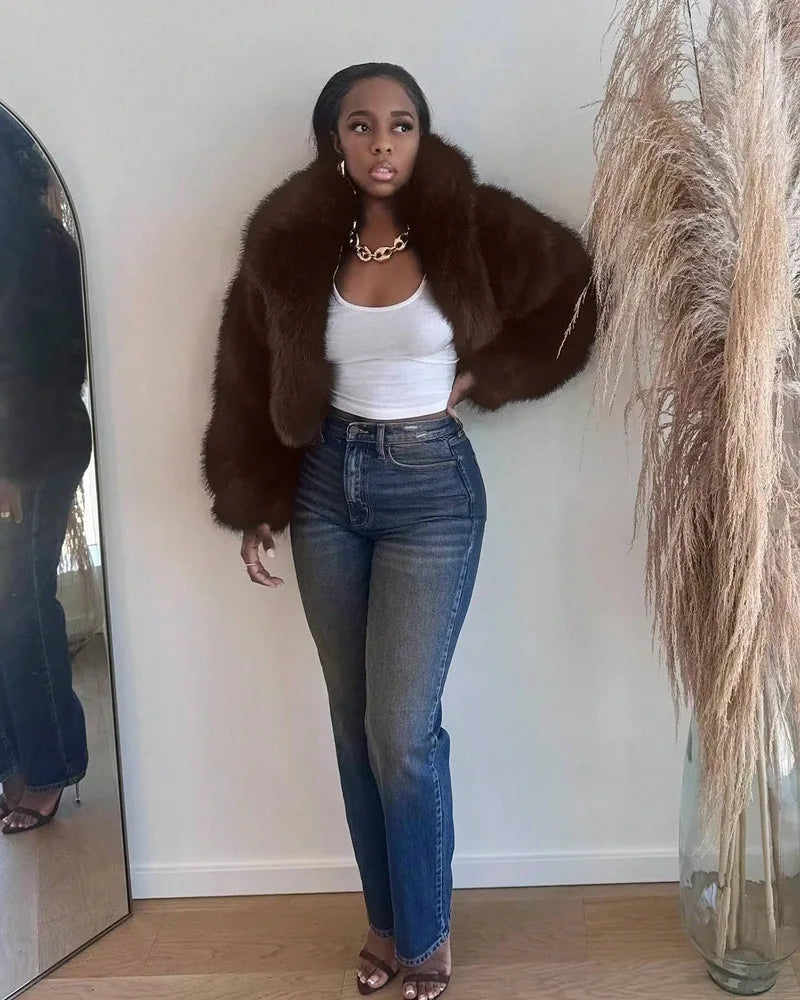 Faux Fox Fur Coats Women Short Jackets Solid Turn Down Collar Long Sleeve Open Stitch Loose Thick Office Lady Casual 2025 Winter