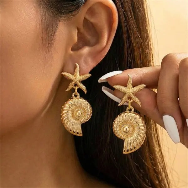 Bohemia Gold Color Metal Starfish Long Tassel Drop Earrings For Women Crystal Zircon Conch Shell Scallops Earring Beach Jewelry