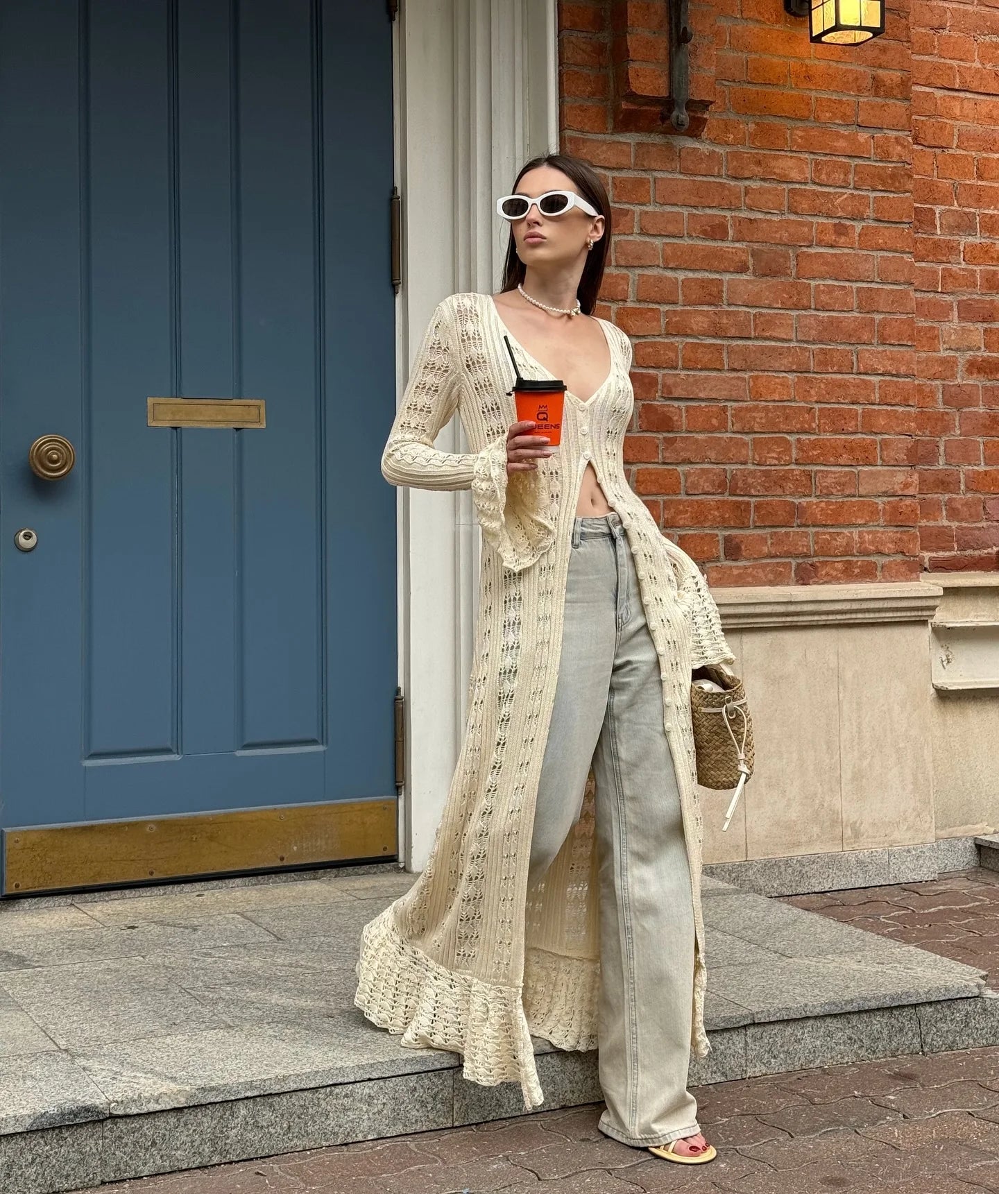 Combhasaki Women Y2K Chic Flare Long Sleeve Aesthetic Button-down V-Neck Ruffle Hem Hollow Out Knitted Long Dress Boho Beachwear