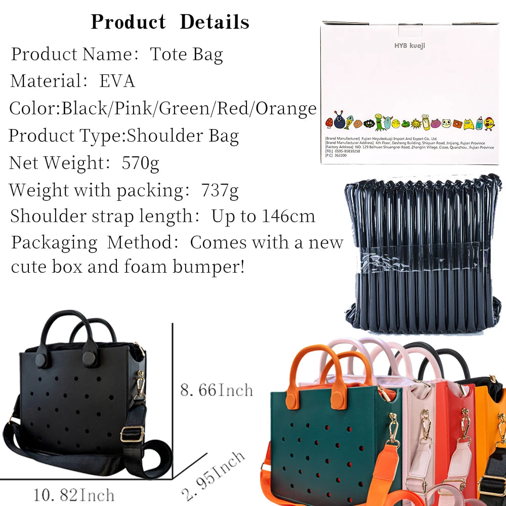 Fashion Storage EVA Large Leather Shoulder Bag Beach Tote Travel Handbag Storage for Women Casual Waterproof Bag Hole Fit Charms