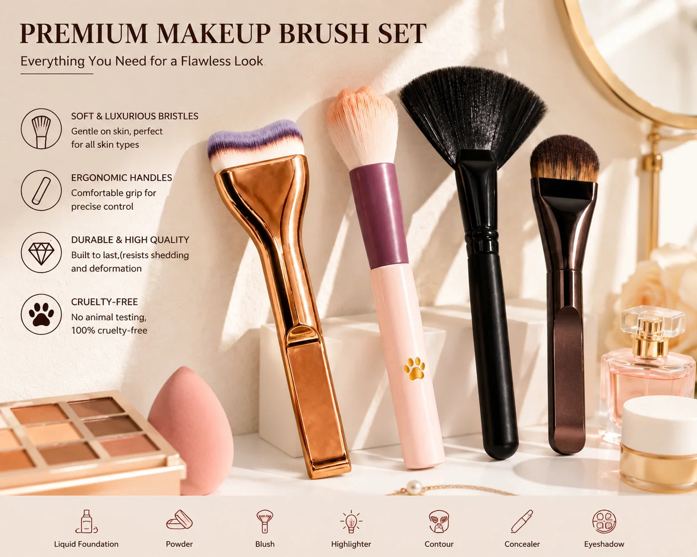 4-Piece Bestselling Makeup Brush Set: Professional Liquid Foundation Brush, Cat Paw Blush Brush, Oversized Fan Brush & Ultra-Thi