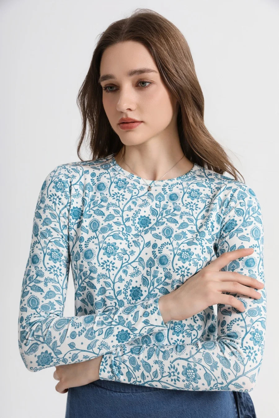 AS 2025 woman fitted-closed design print ribbing basic tops high stretch fabric