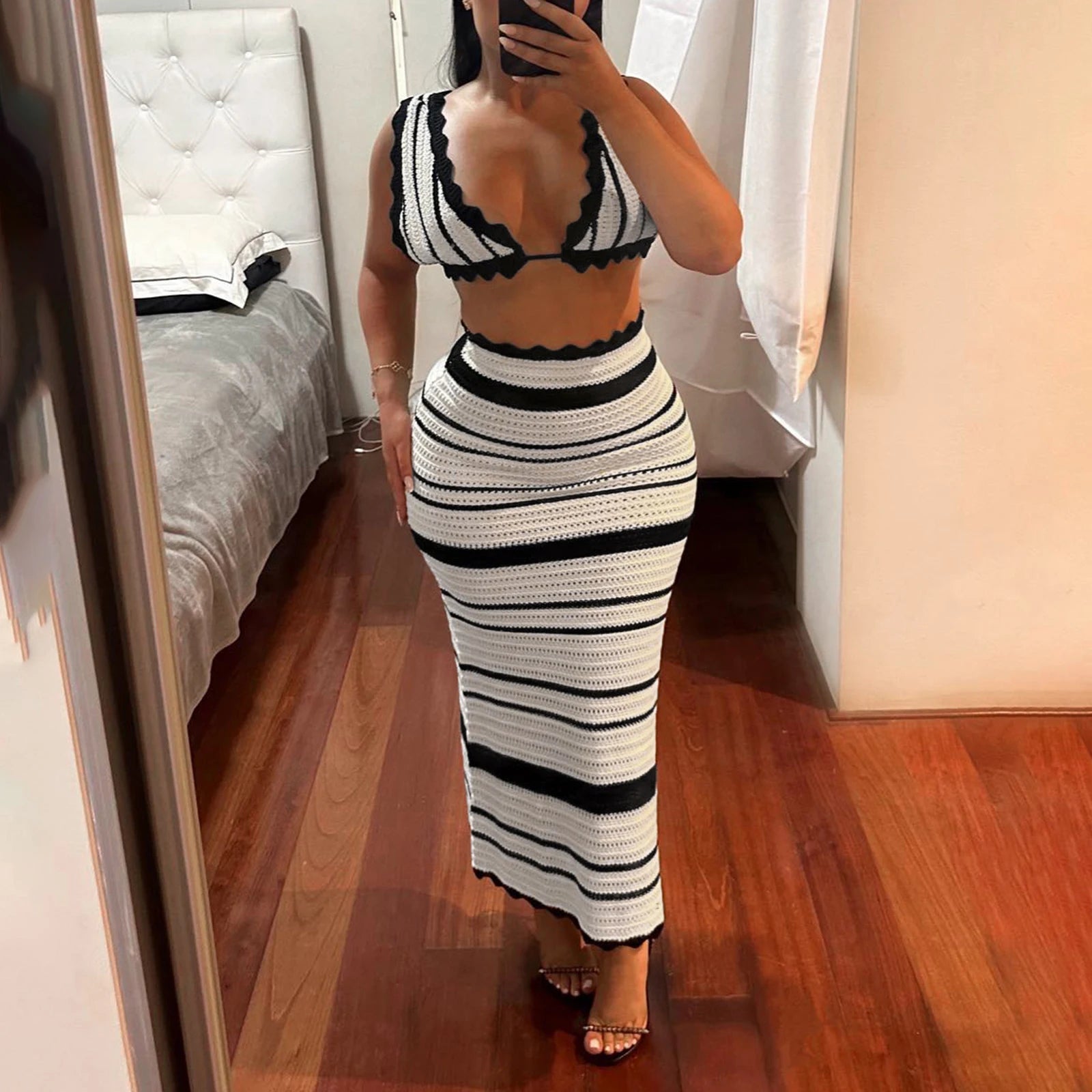 hirigin Chic Women 2Pcs Knit Skirt Outfits Stripe Print Crop Tank Tops with High Waist Slim Long Skirt Set Beach Holiday Clothes