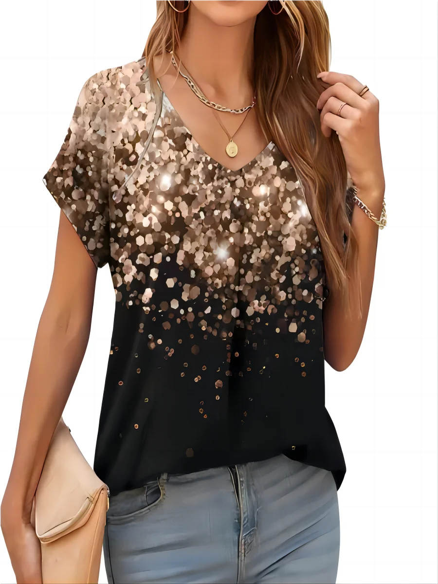 2026 New Summer Women T-shirt 3d Fashion Print Gradient Harajuku T Shirt Oversized Tee For Ladies Clothing New Short Sleeve V-Ne