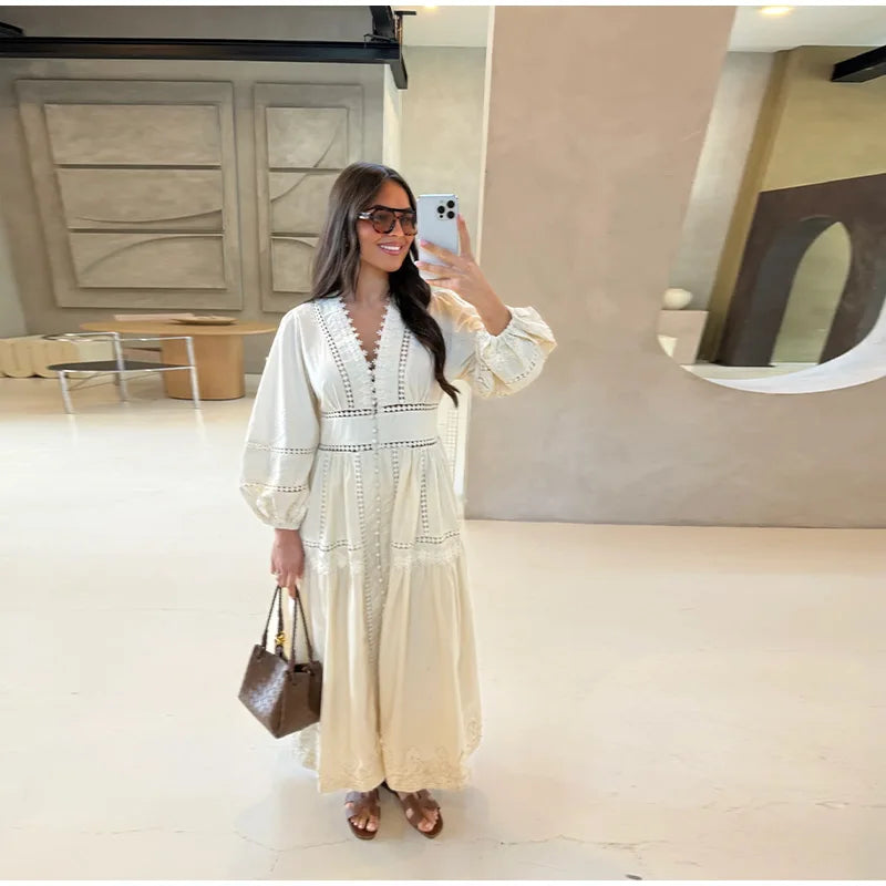 Elegant Hallow Out Long Dress Women Lantern Sleeve Deep V-neck Single Breasted Loose Dresses 2025 Fashion Solid Office Robe Lady