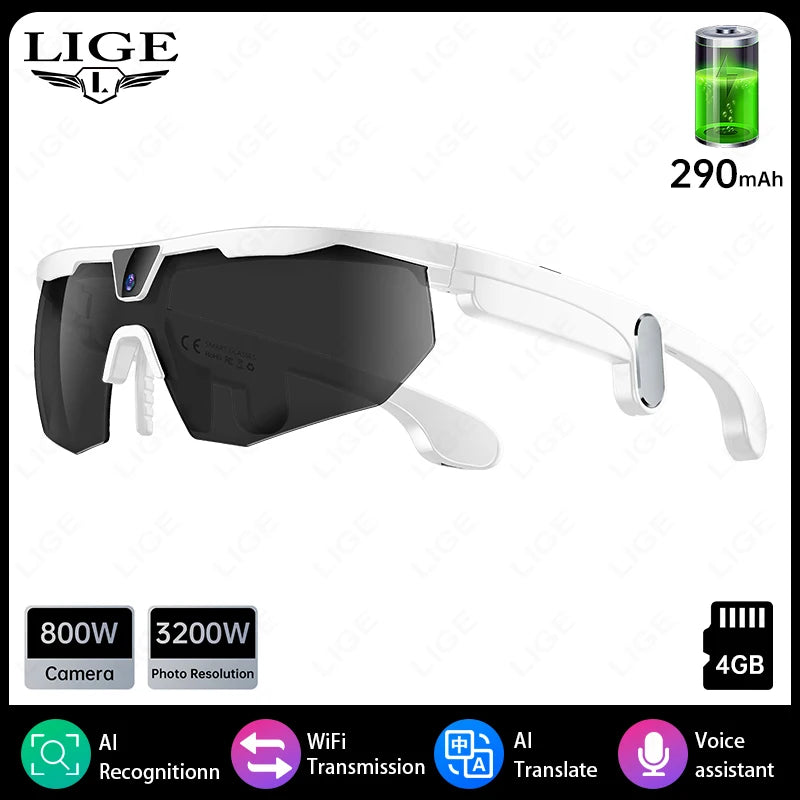 LIGE AI Smart Glasses 800W HD Anti-shake Camera Action Capture Goggles 3D Surroud Sound AI Chat Call Cycling Sports Sunglasses
