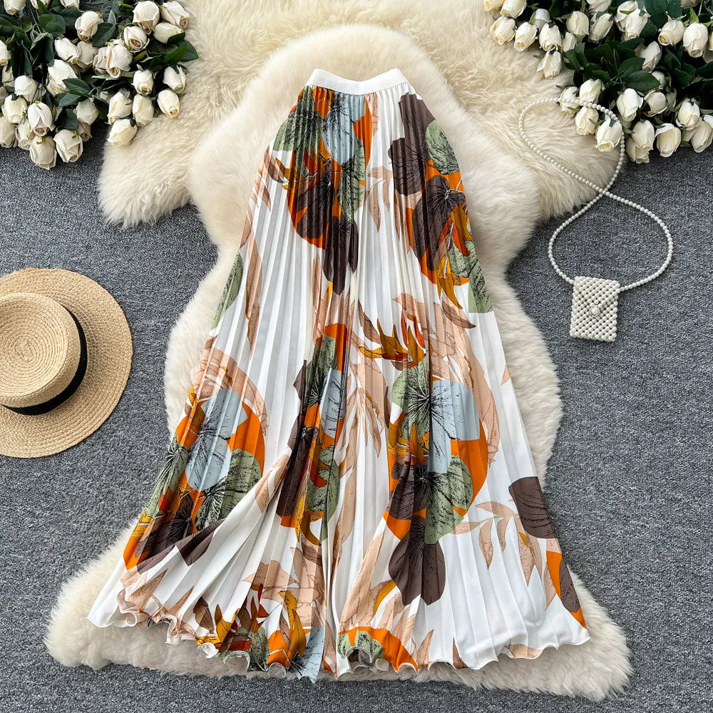 2026 New Summer Women Temperament Vintage All-match Skirt High Waist Printing Medium Length A-line Pleated Big Skirt Skirt