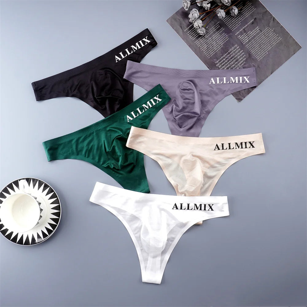 Sexy Transparent Man Ice Silk Underwear Male Thongs Sports Letter Waist Ultra Thin Seamless G-string Panties Low Rise Breathable