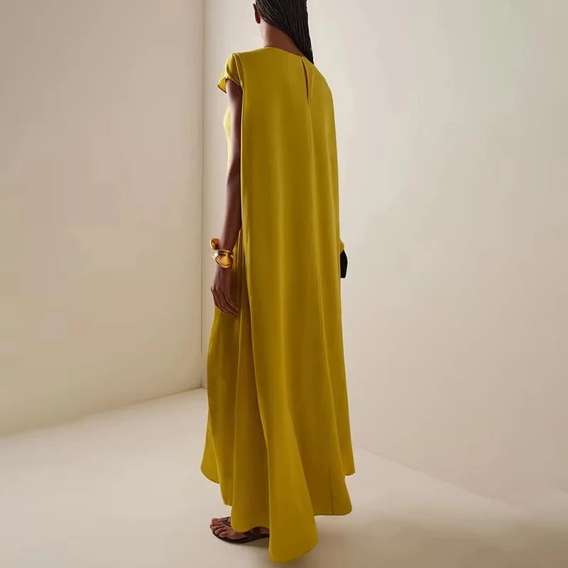 Women Casual Hight Waist Solid Color Satin Dress 2026 Fashion Draped Loose Long Dresses Elegant O-neck Asymmetrical Sleeve Gowns