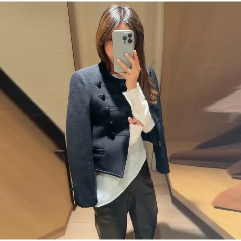 Elegant O-neck Long Sleeve Double Breasted Coats Fashion Black Cropped Jacket For Women 2026 Spring Chic Lady Outerwear Street