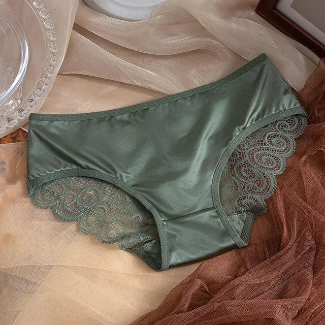 Women's Panties Silk Satin Underwear Lace Sexy Lingerie Breathable Mid Waist Female Briefs Comfortable Panty Underpants