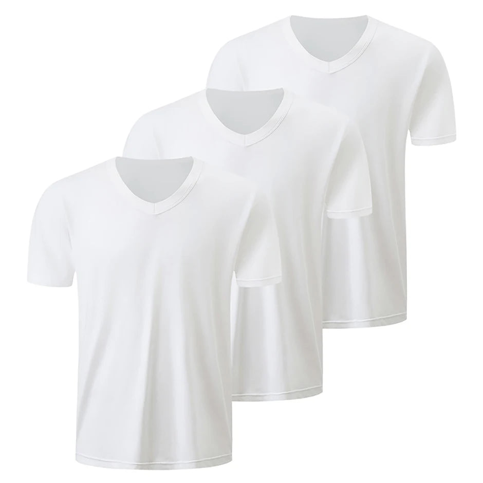 1/2/3 Pcs Men's Solid Color Casual Small White T Youth Loose Joker Classic V-neck Comfortable Short Sleeve Simple Fashion T-shir
